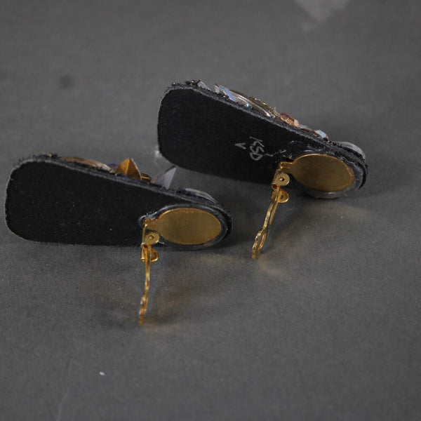 KSD VTG Black Gold Coin AB Rhinestones Rectangular 2" Clip On Earrings