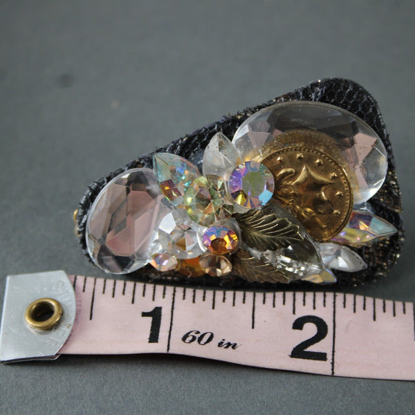 KSD VTG Black Gold Coin AB Rhinestones Rectangular 2" Clip On Earrings