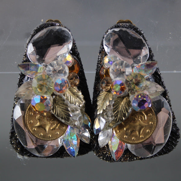 KSD VTG Black Gold Coin AB Rhinestones Rectangular 2" Clip On Earrings
