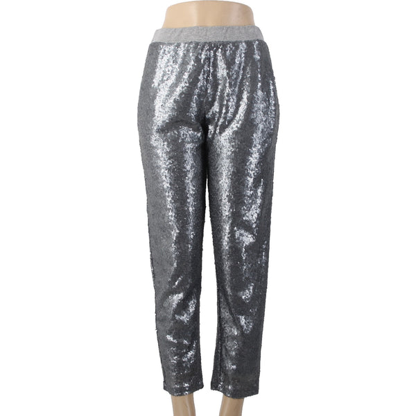 En Creme Pant Sz S x 27 Gray Silver Sequin All Over Elastic Waist Cotton Poly