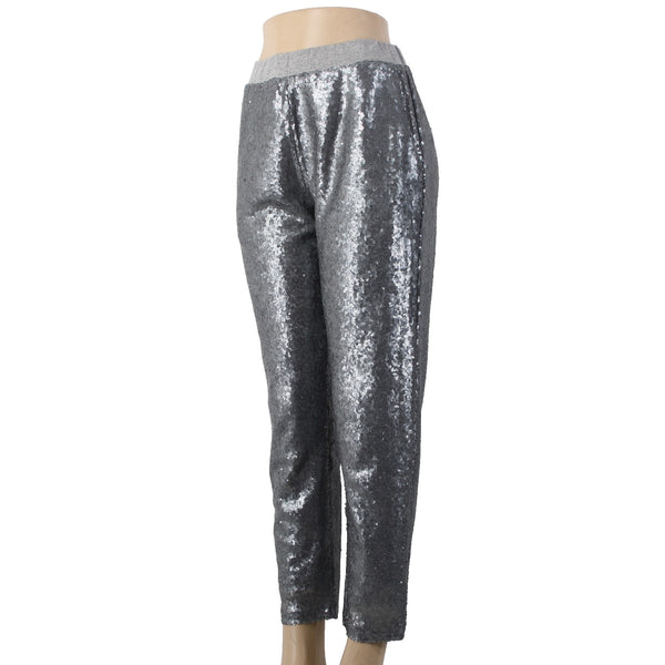 En Creme Pant Sz S x 27 Gray Silver Sequin All Over Elastic Waist Cotton Poly