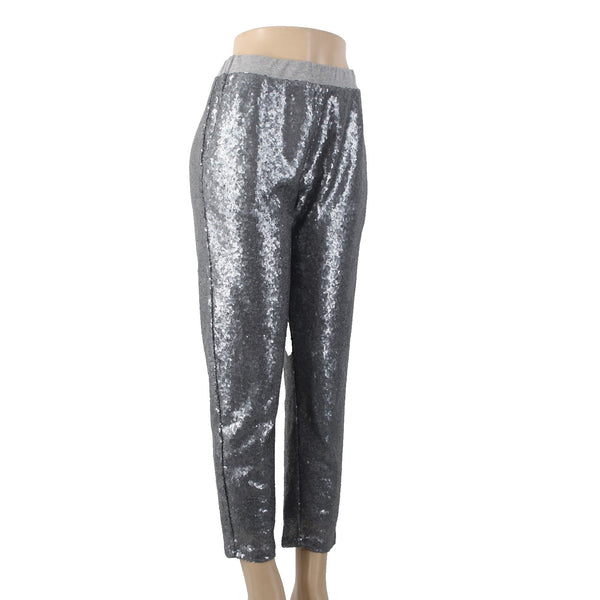 En Creme Pant Sz S x 27 Gray Silver Sequin All Over Elastic Waist Cotton Poly