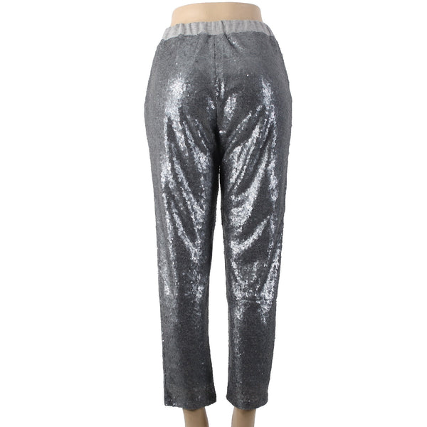 En Creme Pant Sz S x 27 Gray Silver Sequin All Over Elastic Waist Cotton Poly