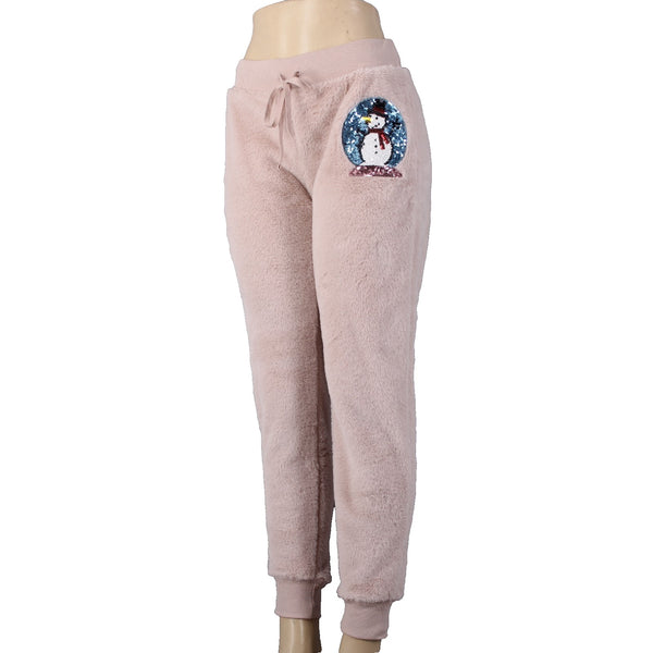 Third Wish Pajama Pants NEW Sz S x 29 Pink Faux Fur Sequin Snowman 100% Poly