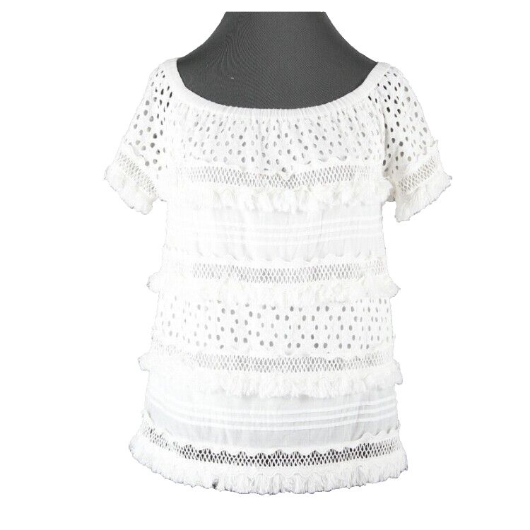 Neiman Marcus Sz XS White Off Shoulder Fringe Lace Layers 100% Cotton Top
