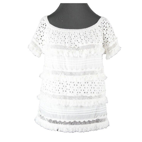 Neiman Marcus Sz XS White Off Shoulder Fringe Lace Layers 100% Cotton Top