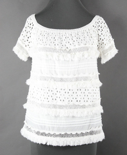 Neiman Marcus Sz XS White Off Shoulder Fringe Lace Layers 100% Cotton Top