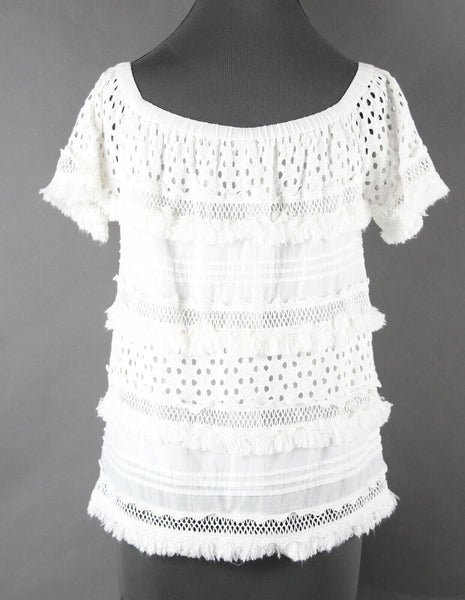 Neiman Marcus Sz XS White Off Shoulder Fringe Lace Layers 100% Cotton Top