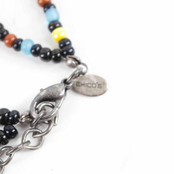 Chicos Sz 15 + 3 in Ext Black Multi Silvertone Beaded Symbols Necklace
