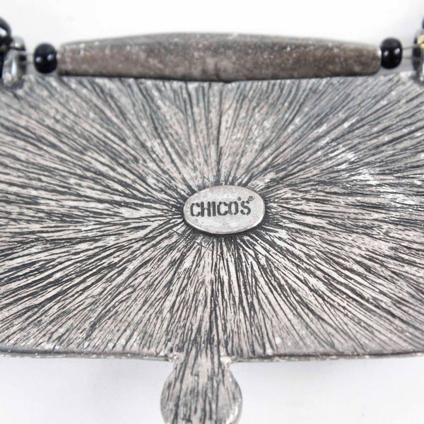 Chicos Sz 15 + 3 in Ext Black Multi Silvertone Beaded Symbols Necklace