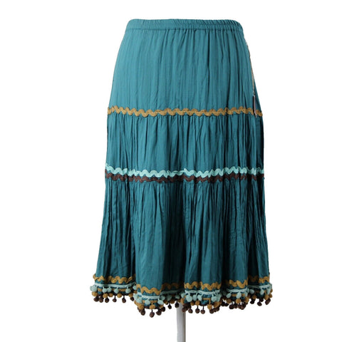 Double D Ranch NEW Sz M Teal Blue Brown Multi Elastic Waist 100% Viscose Skirt