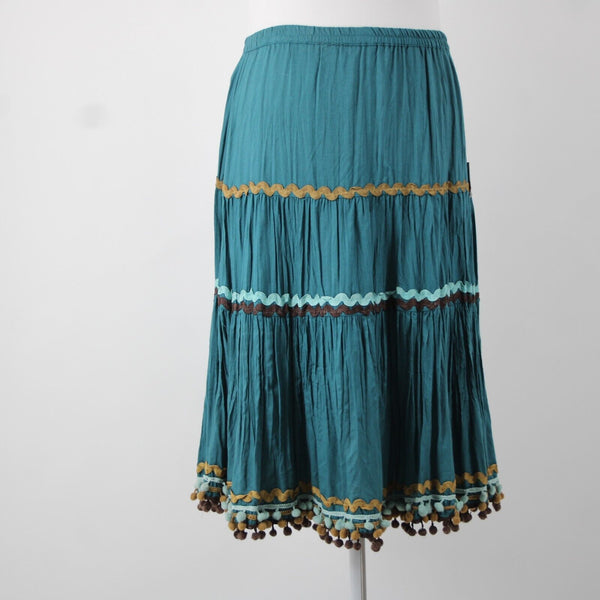 Double D Ranch NEW Sz M Teal Blue Brown Multi Elastic Waist 100% Viscose Skirt