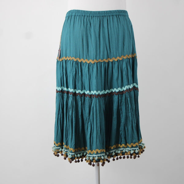 Double D Ranch NEW Sz M Teal Blue Brown Multi Elastic Waist 100% Viscose Skirt