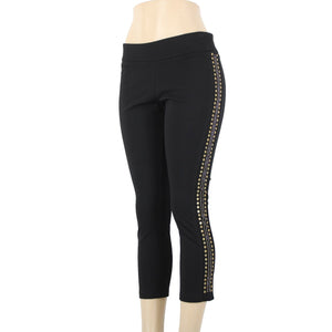 Carmen Marc Valvo Sz M x 25 Black Gold Silver Studded Elastic Waist Rayon Pants