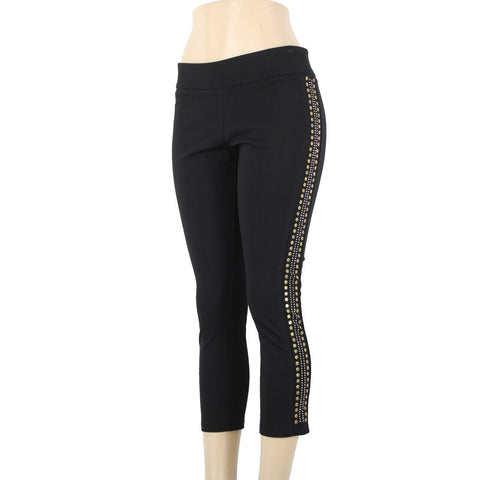 Carmen Marc Valvo Sz M x 25 Black Gold Silver Studded Elastic Waist Rayon Pants