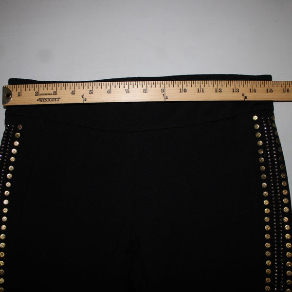 Carmen Marc Valvo Sz M x 25 Black Gold Silver Studded Elastic Waist Rayon Pants