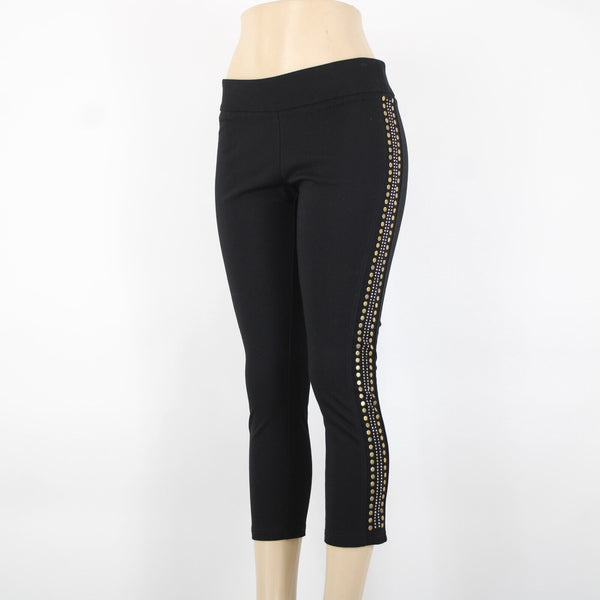 Carmen Marc Valvo Sz M x 25 Black Gold Silver Studded Elastic Waist Rayon Pants