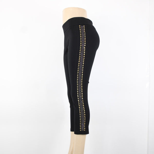 Carmen Marc Valvo Sz M x 25 Black Gold Silver Studded Elastic Waist Rayon Pants