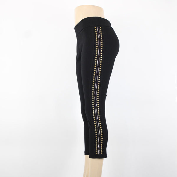 Carmen Marc Valvo Sz M x 25 Black Gold Silver Studded Elastic Waist Rayon Pants