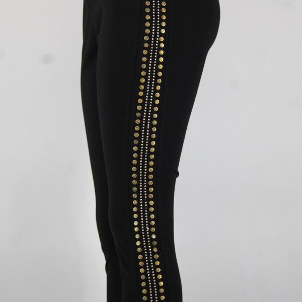 Carmen Marc Valvo Sz M x 25 Black Gold Silver Studded Elastic Waist Rayon Pants