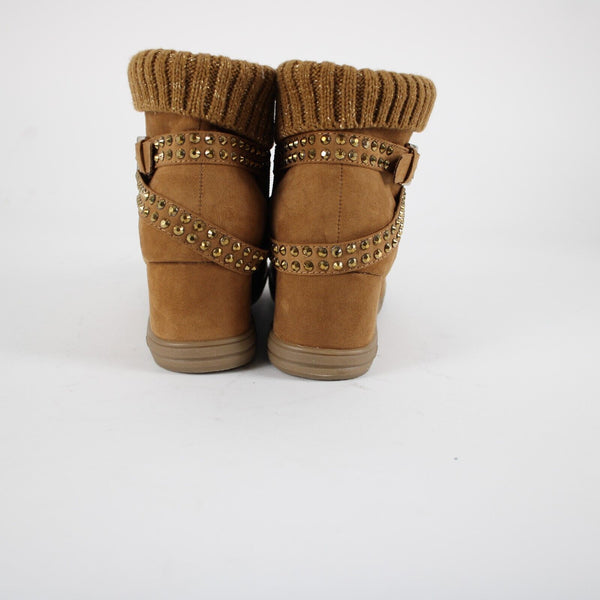 Joan Boyce Sz 10 M Brown Gold Studs Fabric Upper 2.5" Ankle Wedge Booties