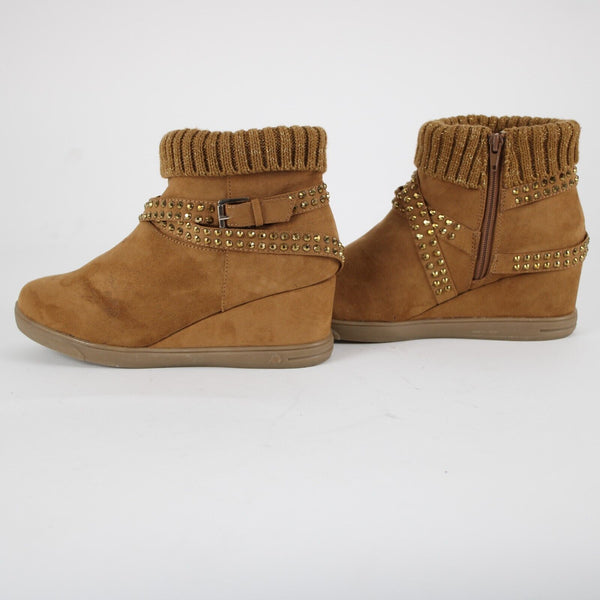 Joan Boyce Sz 10 M Brown Gold Studs Fabric Upper 2.5" Ankle Wedge Booties