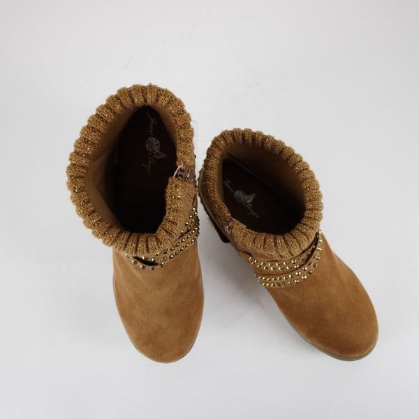 Joan Boyce Sz 10 M Brown Gold Studs Fabric Upper 2.5" Ankle Wedge Booties
