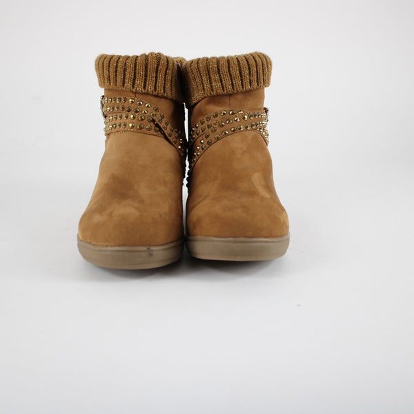 Joan Boyce Sz 10 M Brown Gold Studs Fabric Upper 2.5" Ankle Wedge Booties
