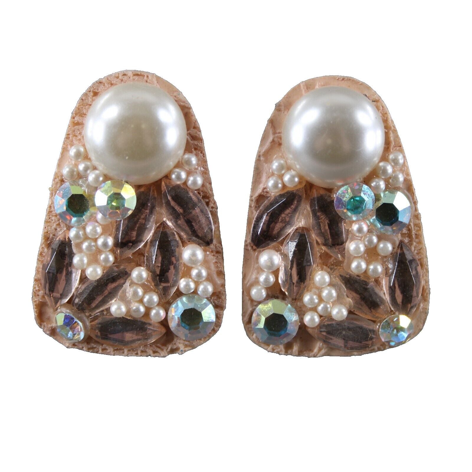 KS Designs Peach Silver Faux Pearl Rhinestone Vintage 2" Huggie Clip On Earrings