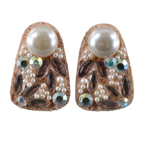 KS Designs Peach Silver Faux Pearl Rhinestone Vintage 2" Huggie Clip On Earrings