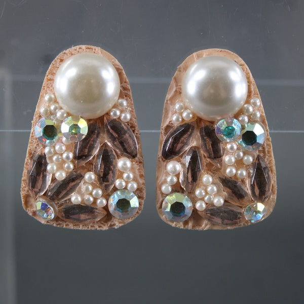 KS Designs Peach Silver Faux Pearl Rhinestone Vintage 2" Huggie Clip On Earrings