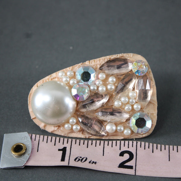 KS Designs Peach Silver Faux Pearl Rhinestone Vintage 2" Huggie Clip On Earrings