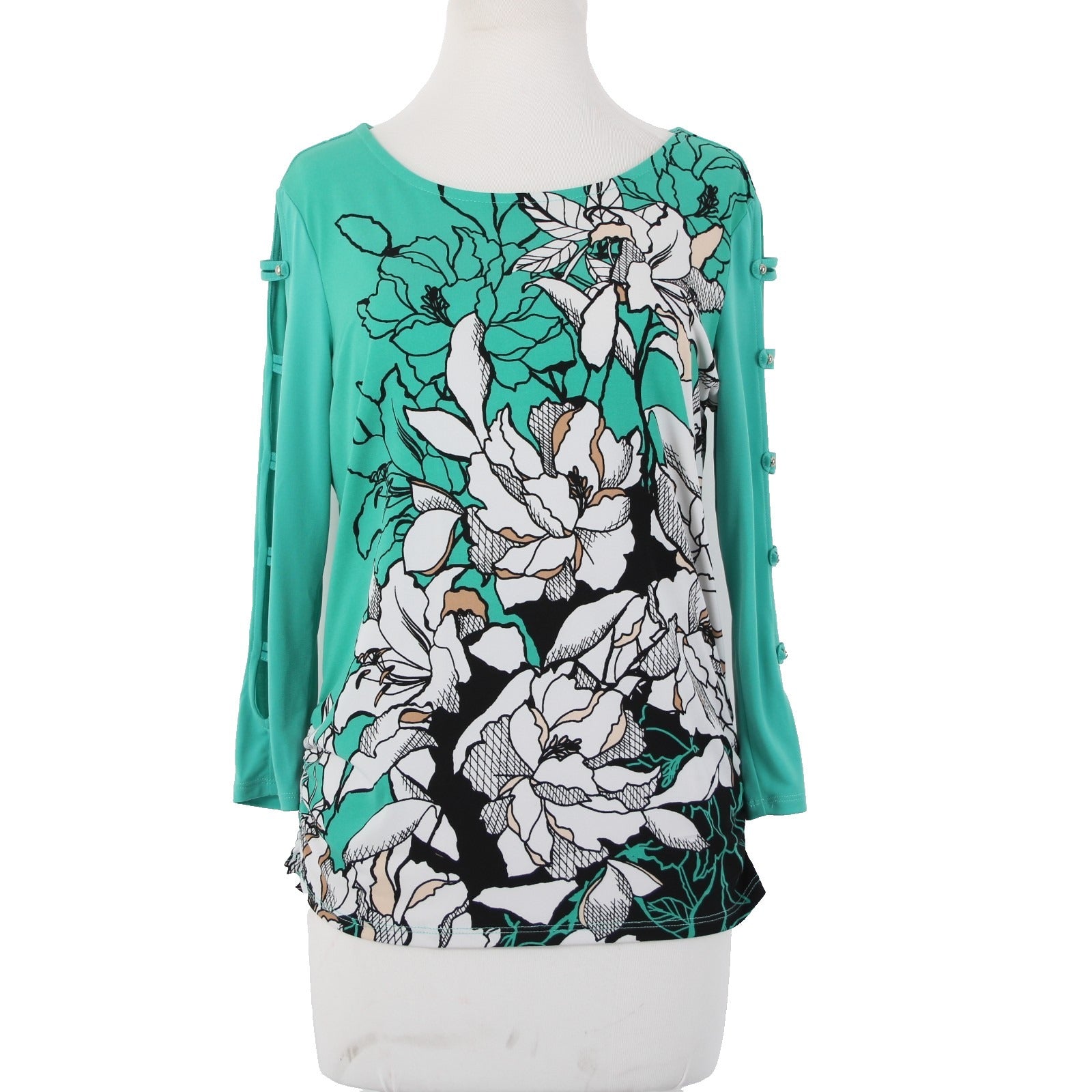 JM Collection Top Sz S Green Black White Multi Color Floral Poly Spandex Top
