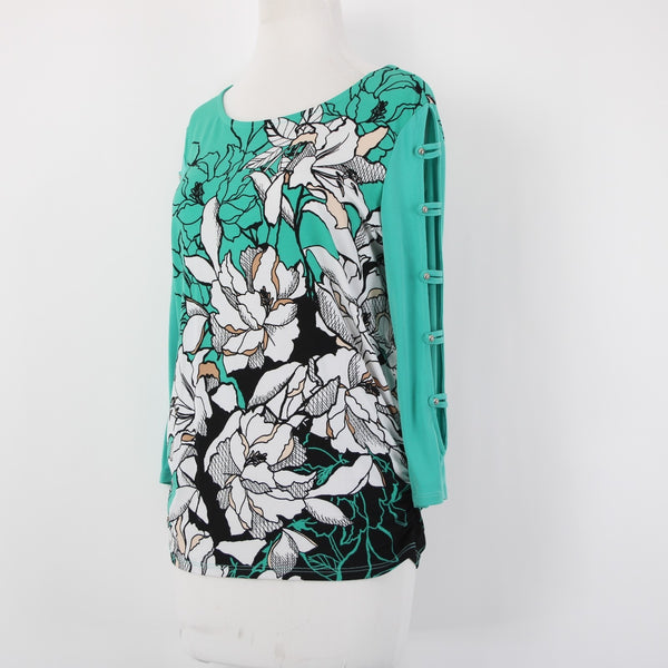 JM Collection Top Sz S Green Black White Multi Color Floral Poly Spandex Top