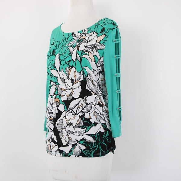JM Collection Top Sz S Green Black White Multi Color Floral Poly Spandex Top