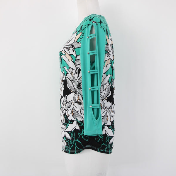 JM Collection Top Sz S Green Black White Multi Color Floral Poly Spandex Top