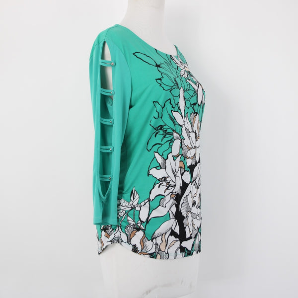 JM Collection Top Sz S Green Black White Multi Color Floral Poly Spandex Top