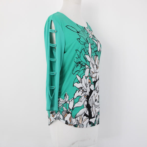 JM Collection Top Sz S Green Black White Multi Color Floral Poly Spandex Top