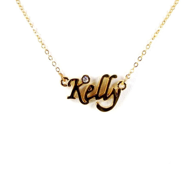 KELLY Name Goldtone Rhinestone 14.5" w 4.5" Multi Ring Ext Necklace