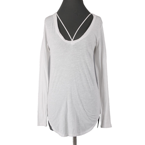 LNA Top Sz M White Round Strappy Neckline Long Sleeve 100% Cotton Top