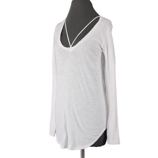 LNA Top Sz M White Round Strappy Neckline Long Sleeve 100% Cotton Top