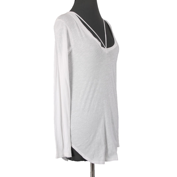 LNA Top Sz M White Round Strappy Neckline Long Sleeve 100% Cotton Top