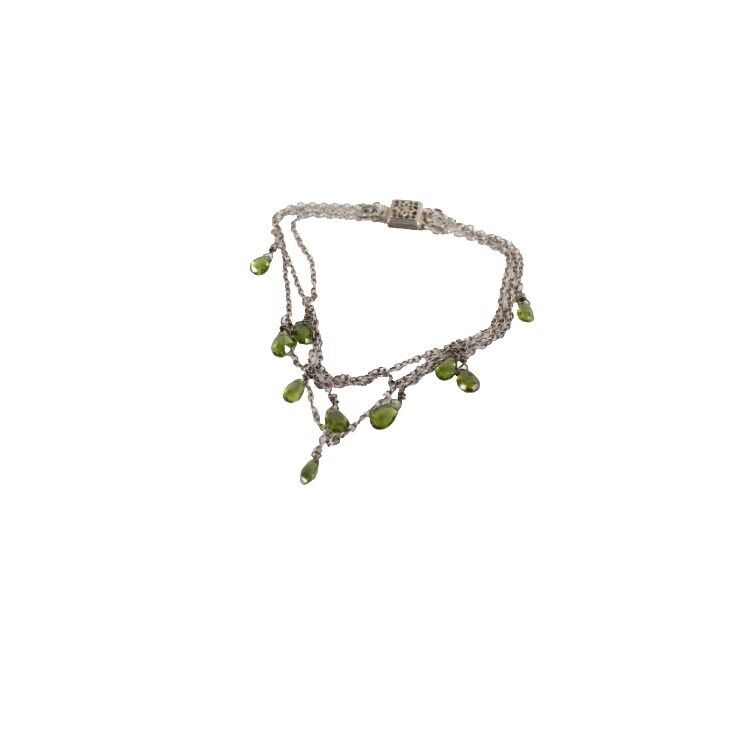 V Sterling Silver 8in 3 Strand Chain Faceted Green Teardrop Stones Bracelet