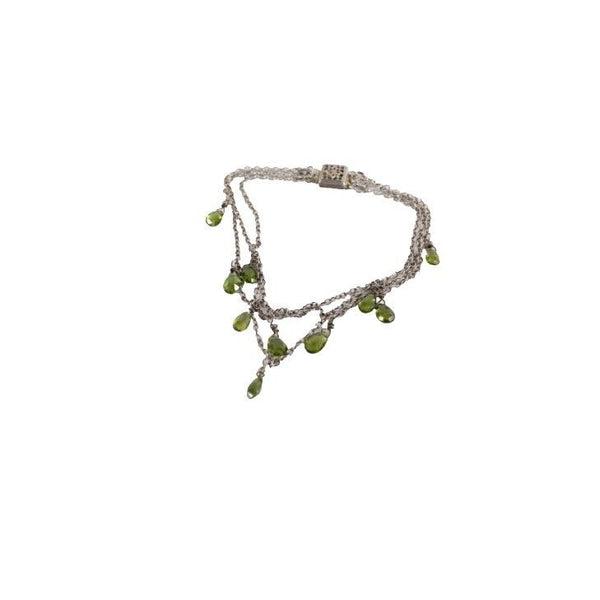 V Sterling Silver 8in 3 Strand Chain Faceted Green Teardrop Stones Bracelet