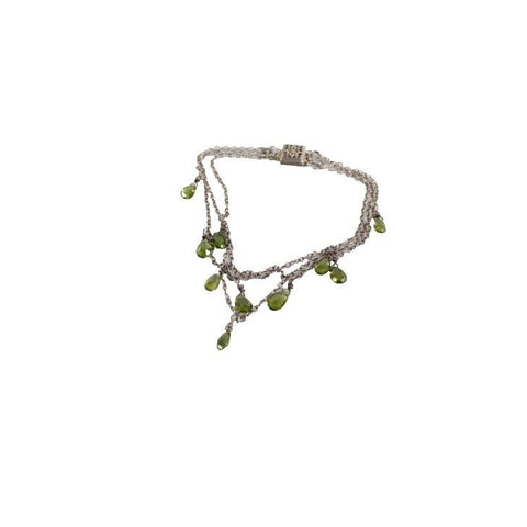 V Sterling Silver 8in 3 Strand Chain Faceted Green Teardrop Stones Bracelet
