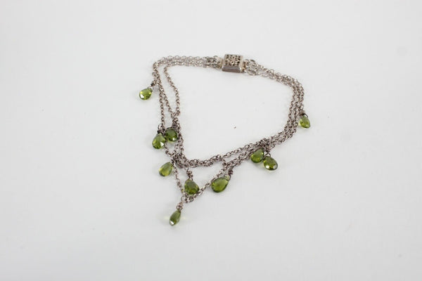 V Sterling Silver 8in 3 Strand Chain Faceted Green Teardrop Stones Bracelet