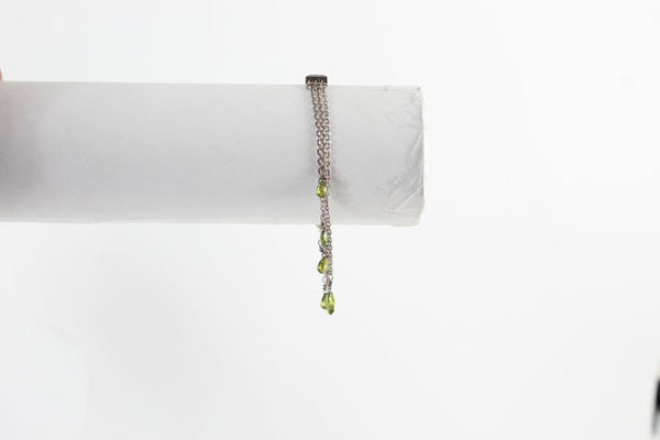 V Sterling Silver 8in 3 Strand Chain Faceted Green Teardrop Stones Bracelet