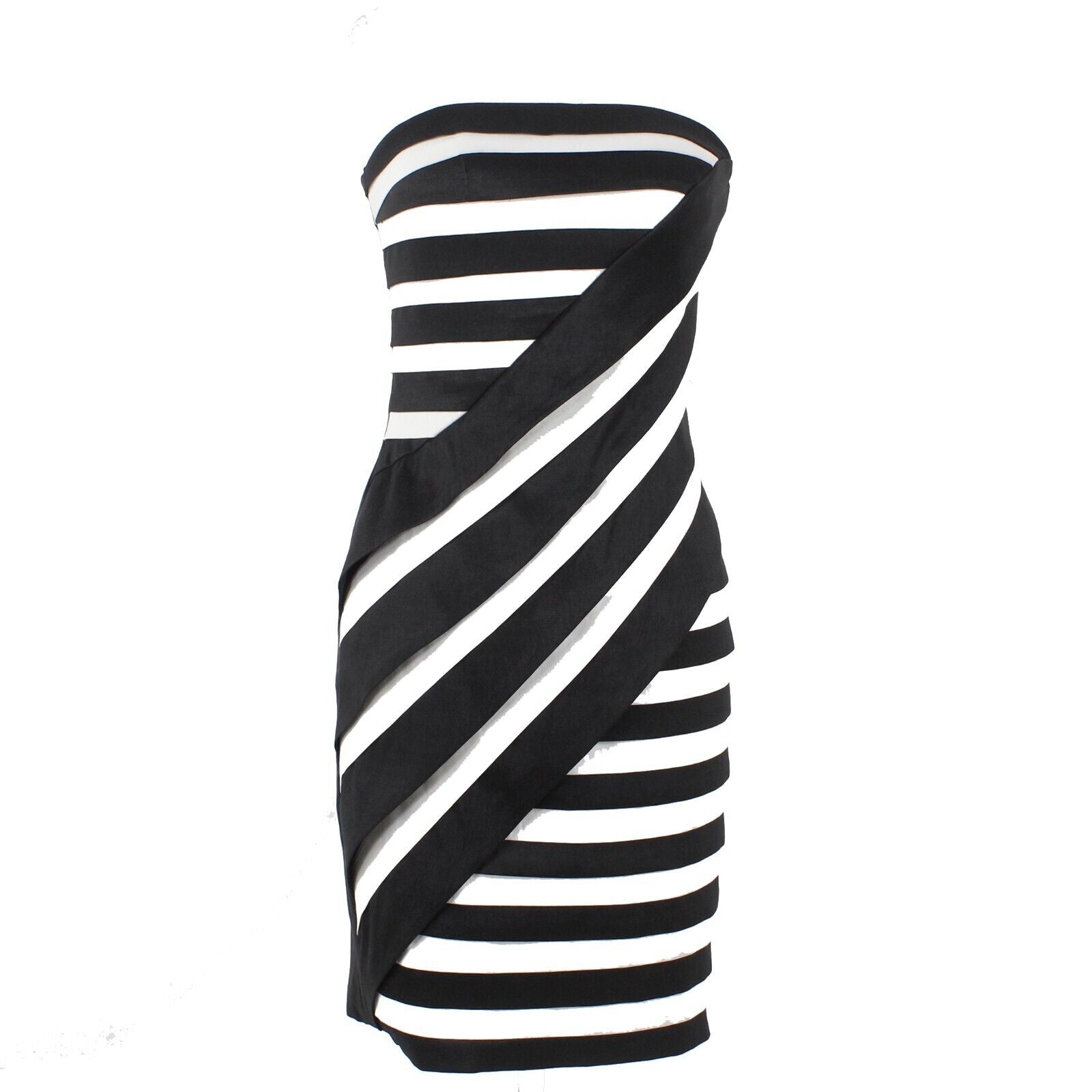 Cartise Sz 2 Black White Asymmetric Stripe Solid Back Lined Strapless Poly Dress