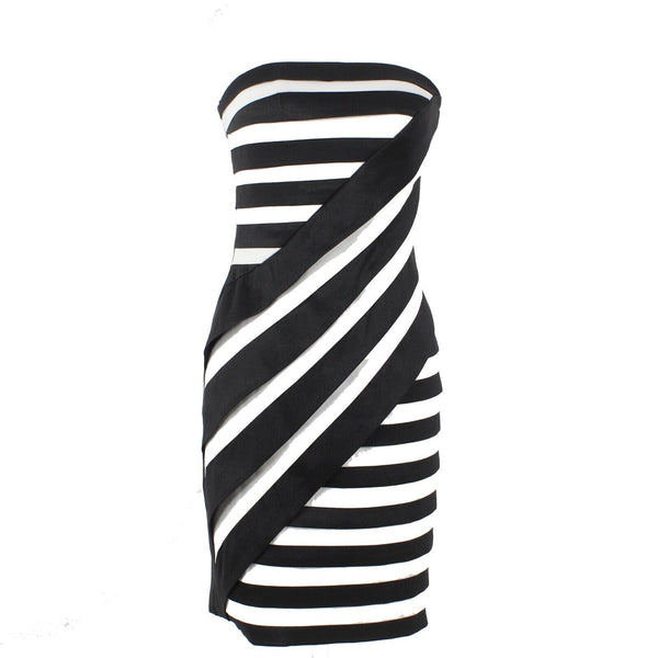 Cartise Sz 2 Black White Asymmetric Stripe Solid Back Lined Strapless Poly Dress