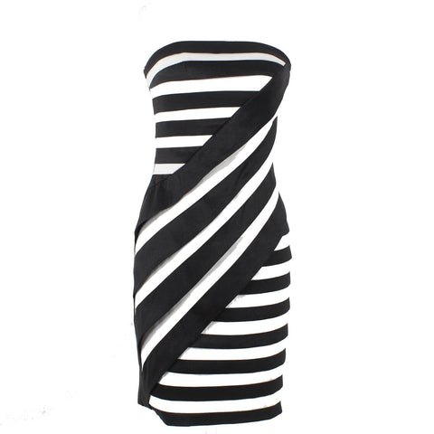 Cartise Sz 2 Black White Asymmetric Stripe Solid Back Lined Strapless Poly Dress